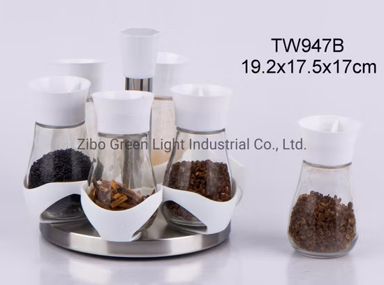 Juego de tarros de especias de vidrio de 6 piezas de 120 ml con rejilla giratoria de plástico